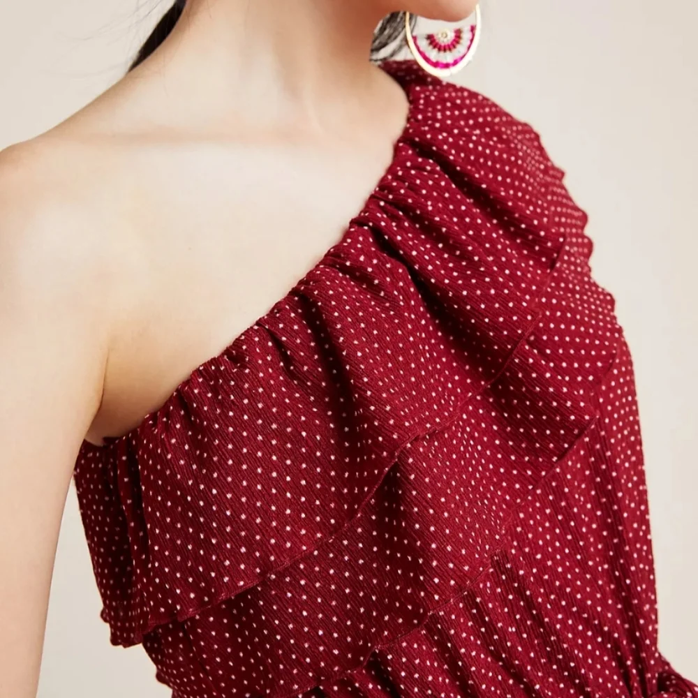 Anthropologie Maeve Rita One Shoulder Ruffle Top Red Polka Dot Tie Waist Small - Picture 6 of 14